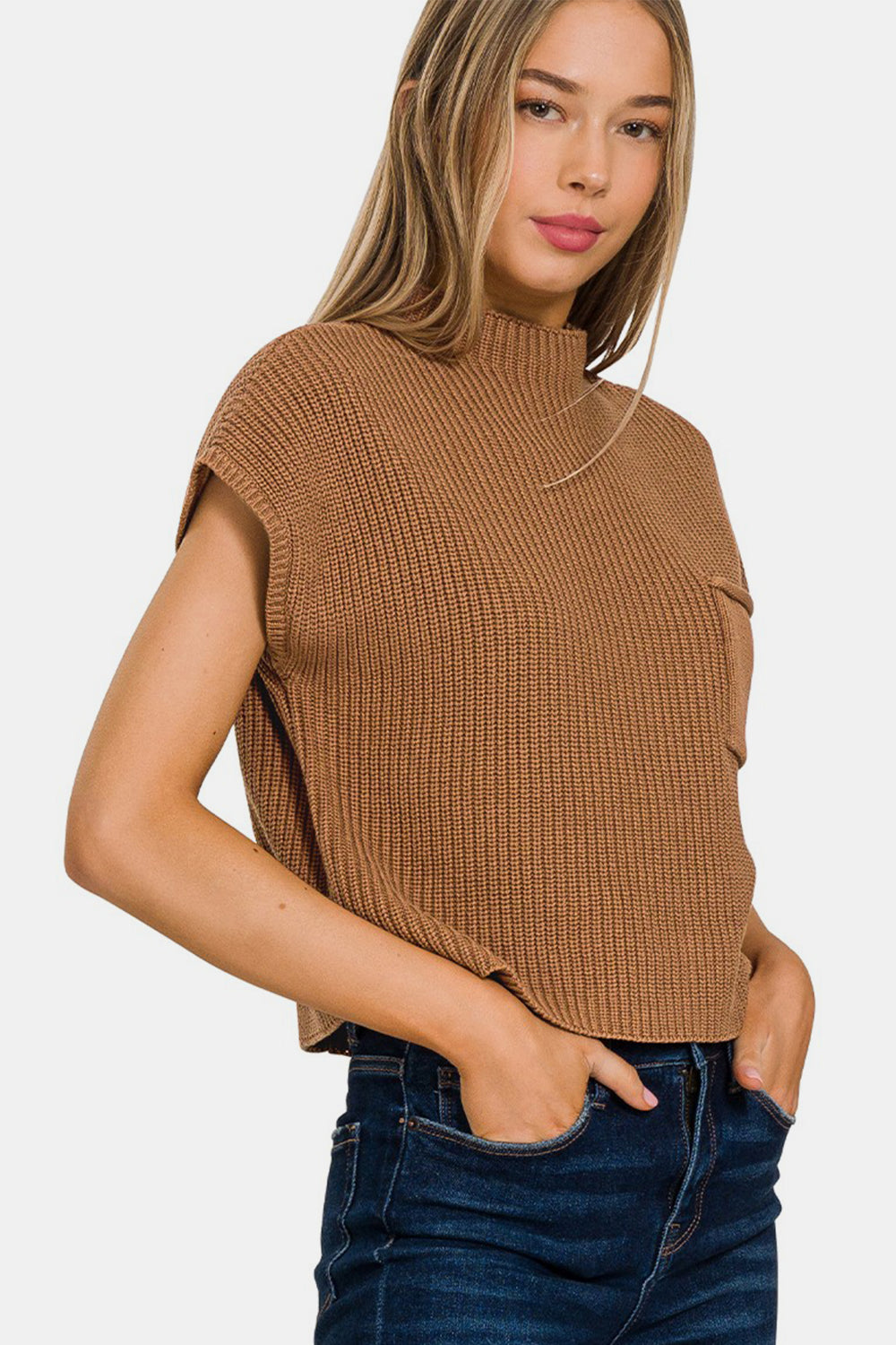 Zenana Mock Neck Short Sleeve Cropped Sweater | us.meeeshop