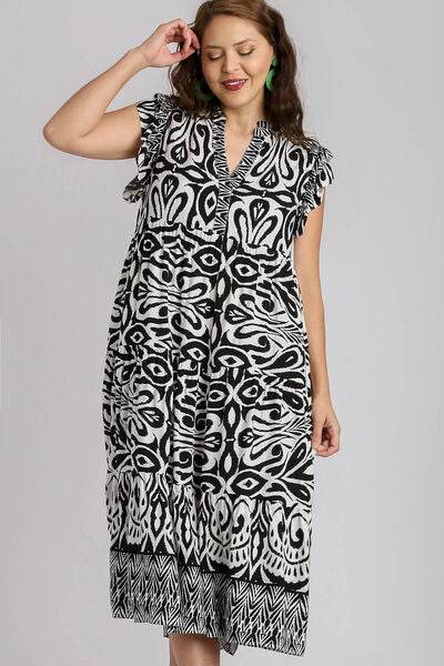 Umgee Two Tone Border Print Ruffle Cap Sleeve Midi Dress Plus Size - us.meeeshop