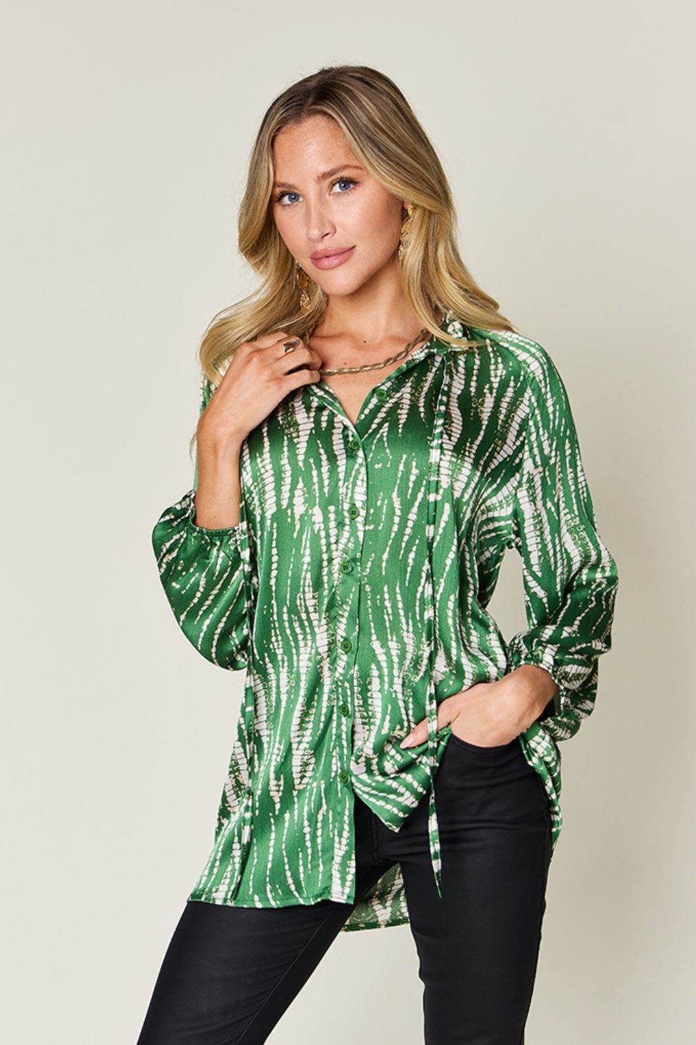 Double Take Full Size Printed Button Up Long Sleeve Shirt - us.meeeshop