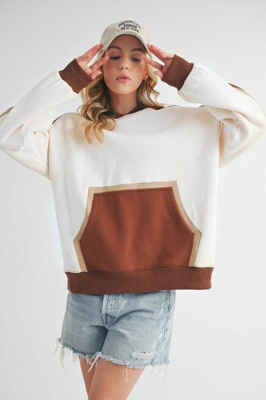 Aemi + Co Color Block Kangaroo Pocketed Hoodie in Oatmeal - us.meeeshop