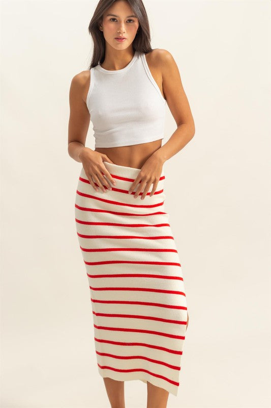 HYFVE Side Slit Striped Bodycon Sweater Skirt in Red - us.meeeshop