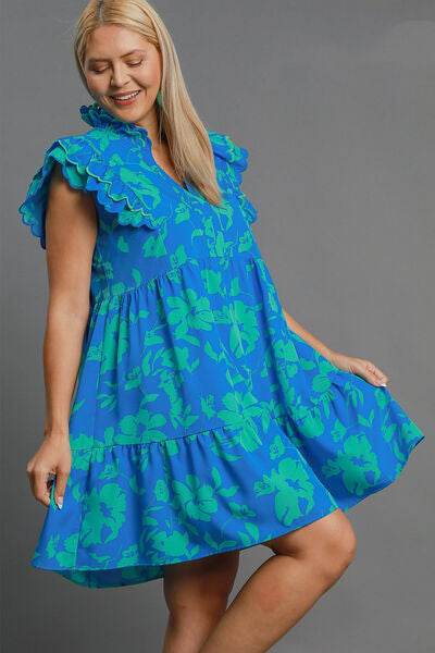 Umgee Two Tone Floral Print Ruffle Cap Sleeve Mini Dress Plus Size - us.meeeshop