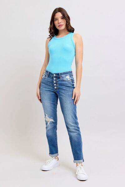 Judy Blue Button Fly Distressed Jeans with Pockets Plus Size - us.meeeshop