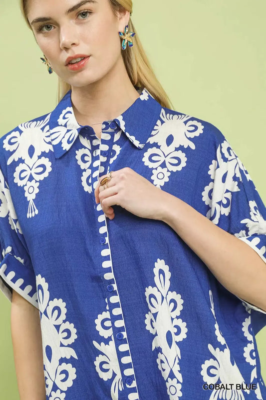 Umgee Abstract Print Button Down Short Sleeve Shirt (women's shirts & tops) - shop at us.meeeshop