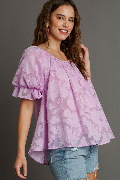 Umgee Jacquard Round Neck Ruffled Puff Sleeve Blouse Plus Size - us.meeeshop