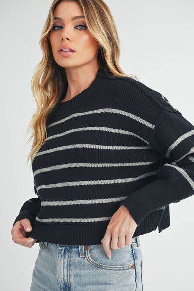 Aemi + Co Side Slit Striped Round Neck Knit Top - us.meeeshop