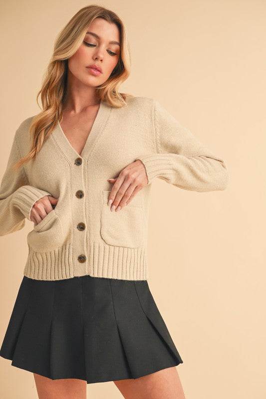 Aemi + Co Ribbed Hem Button Down V-Neck Cardigan - us.meeeshop