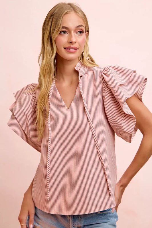 bibi twill striped Bibi Twill Striped Ruffle Sleeve Blouse RED (top) - shop at us.meeeshop