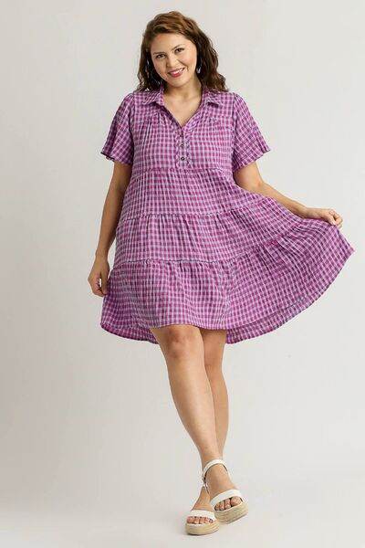 Umgee Gingham Tiered Button Detail Short Sleeve Dress Plus Size - us.meeeshop