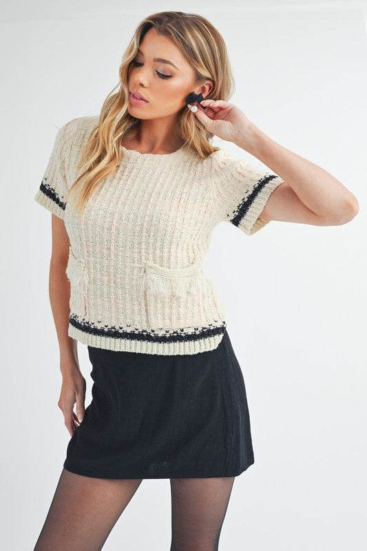 Aemi + Co Round Neck Short Sleeve Tweed Sweater - us.meeeshop