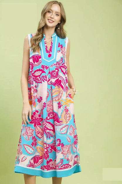 umgee floral sleeveless Umgee Floral Sleeveless Midi Dress with Side Pockets BLUE (dress) - shop at us.meeeshop