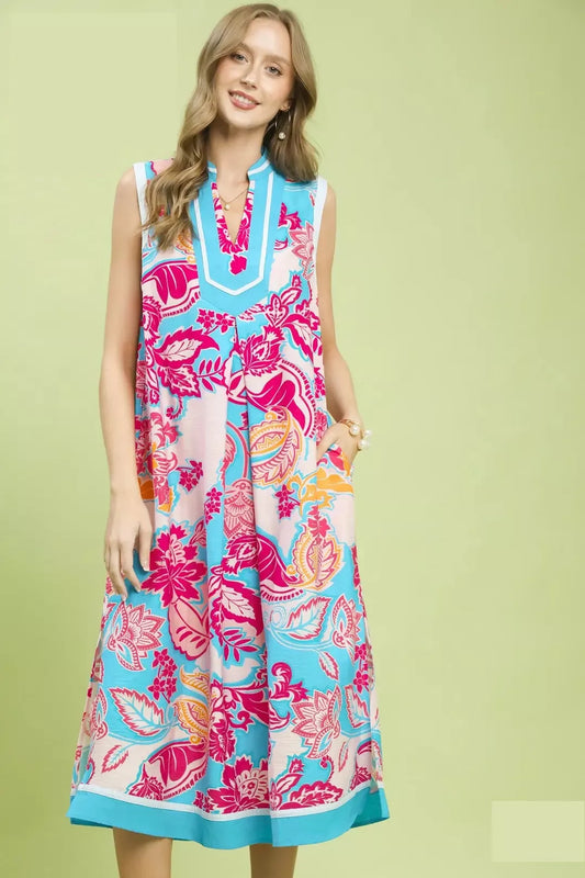 Umgee Floral Sleeveless Midi Dress with Side Pockets (women's dresses) - shop at us.meeeshop