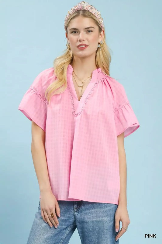 Umgee Gingham Puff Sleeve Top with Lace Trim (women's shirts & tops) - shop at us.meeeshop