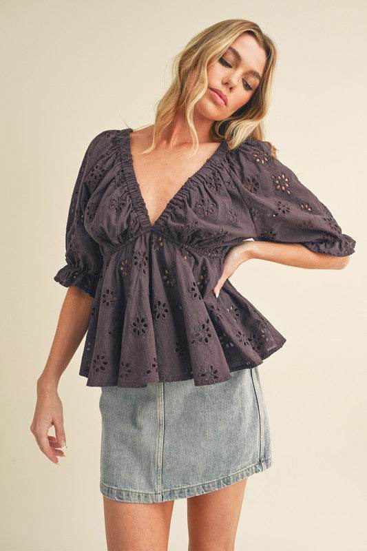 Aemi + Co Eyelet Embroidered V-Neck Half Sleeve Peplum Blouse in Plum Purple - us.meeeshop