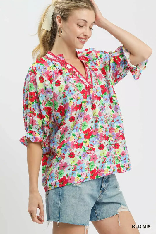 Umgee Mix Floral Print Ruffle Top (women's shirts & tops) view 2 - shop at us.meeeshop