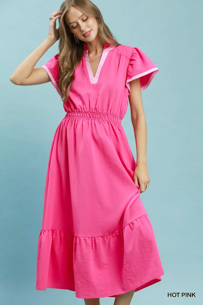 umgee contrast trim Umgee Contrast Trim Midi Dress with Tiered Ruffle Hem HOT PINK (dress) - shop at us.meeeshop