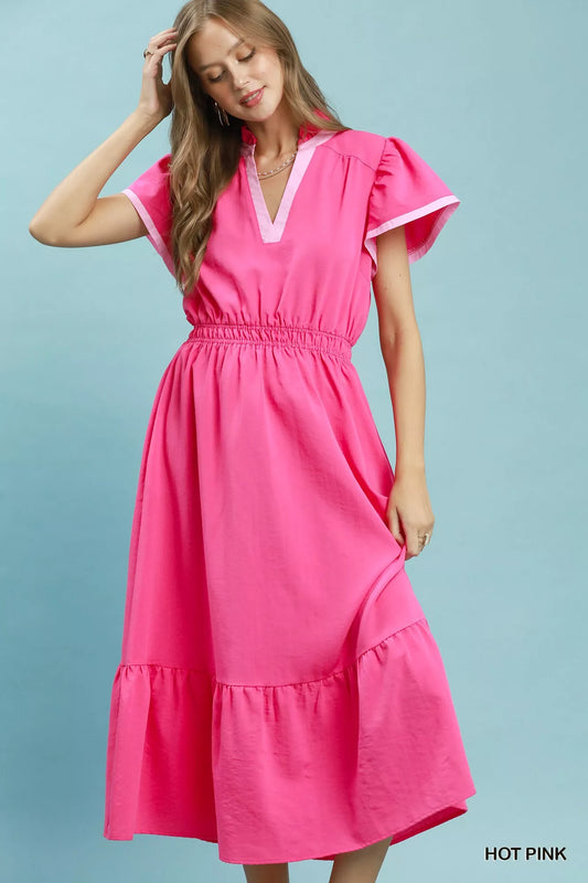 umgee contrast trim Umgee Contrast Trim Midi Dress with Tiered Ruffle Hem HOT PINK (dress) - shop at us.meeeshop