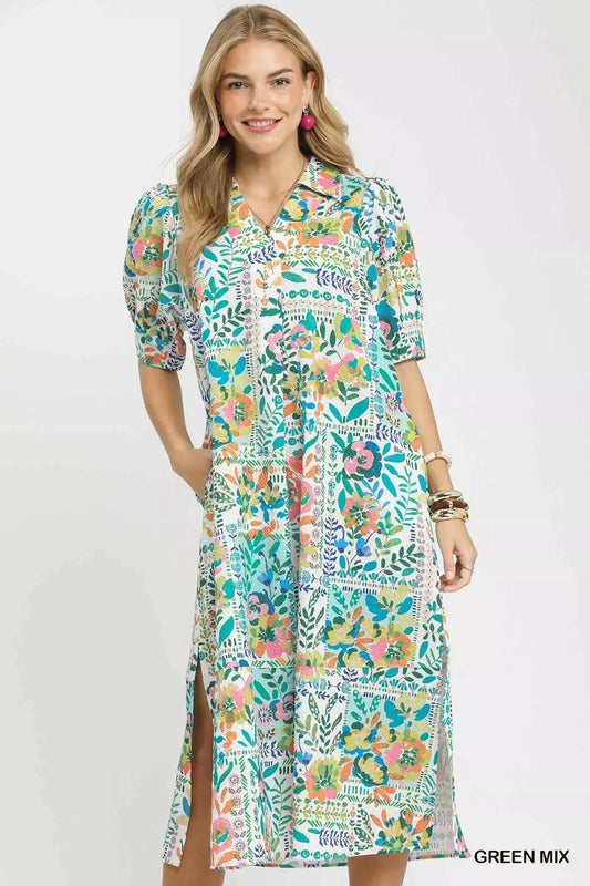 umgee folk print Umgee Folk Print Midi Dress with Side Pockets GREEN MIX (dress) - shop at us.meeeshop