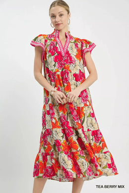 Umgee Mix Bold Floral Tiered Midi Dress