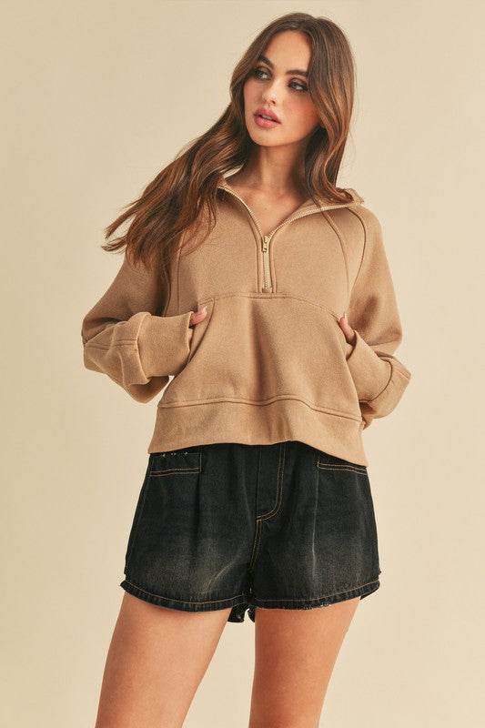 Aemi + Co Half Zip Raglan Sleeve Hoodie with Kangaroo Pocket - us.meeeshop