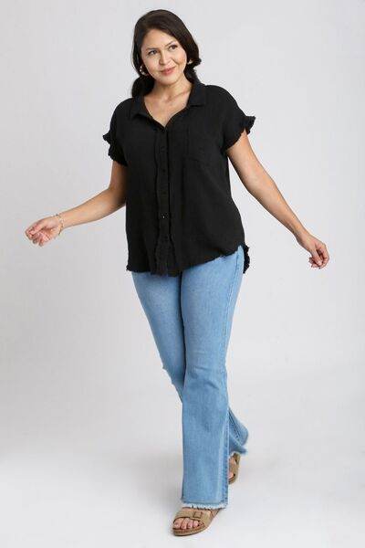 Umgee Frayed Hem Collared Neck Short Sleeve Shirt Plus Size - us.meeeshop