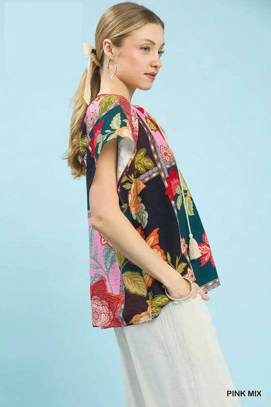 Umgee Mix Floral Patchwork Tassel Tie Top (women's shirts & tops) view 2 - shop at us.meeeshop