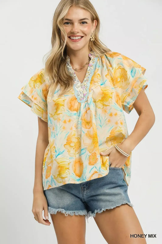 Umgee Mix Floral Print Blouse with Crochet Lace Trim (women's shirts & tops) - shop at us.meeeshop