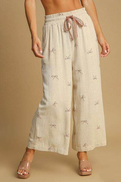 Umgee Lace Drawstring Embroidered Bow Wide Leg Pants Plus Size - us.meeeshop