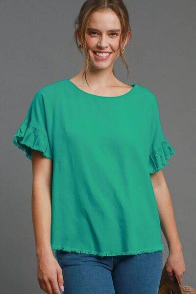 Umgee Raw Hem Ruffle Short Sleeve Blouse Plus Size - us.meeeshop