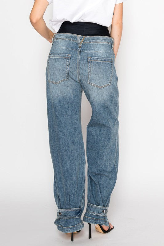 adjustable hem knit Adjustable Hem Knit Band Wide Leg Jeans view 7 (bottom) - shop at us.meeeshop