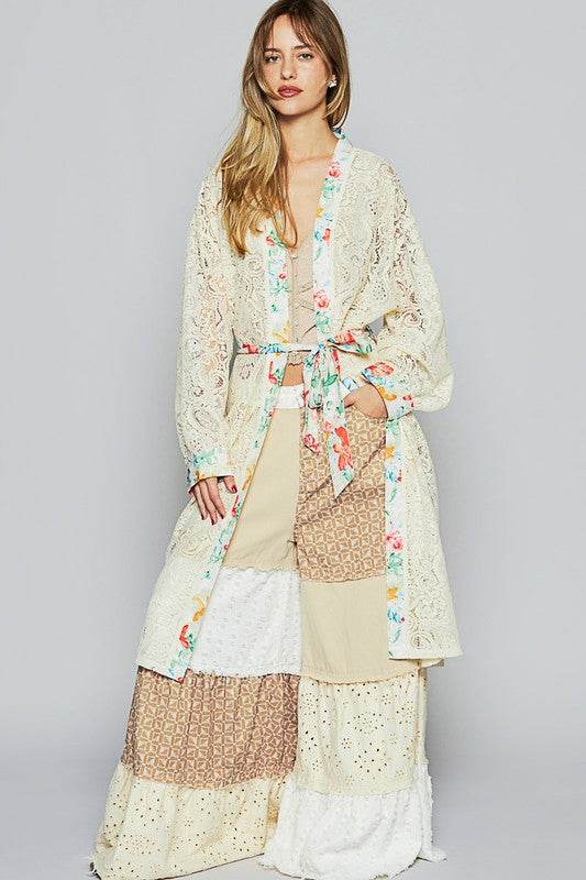 POL Floral Trim Lace Open Front Longline Cardigan in NATURAL - us.meeeshop