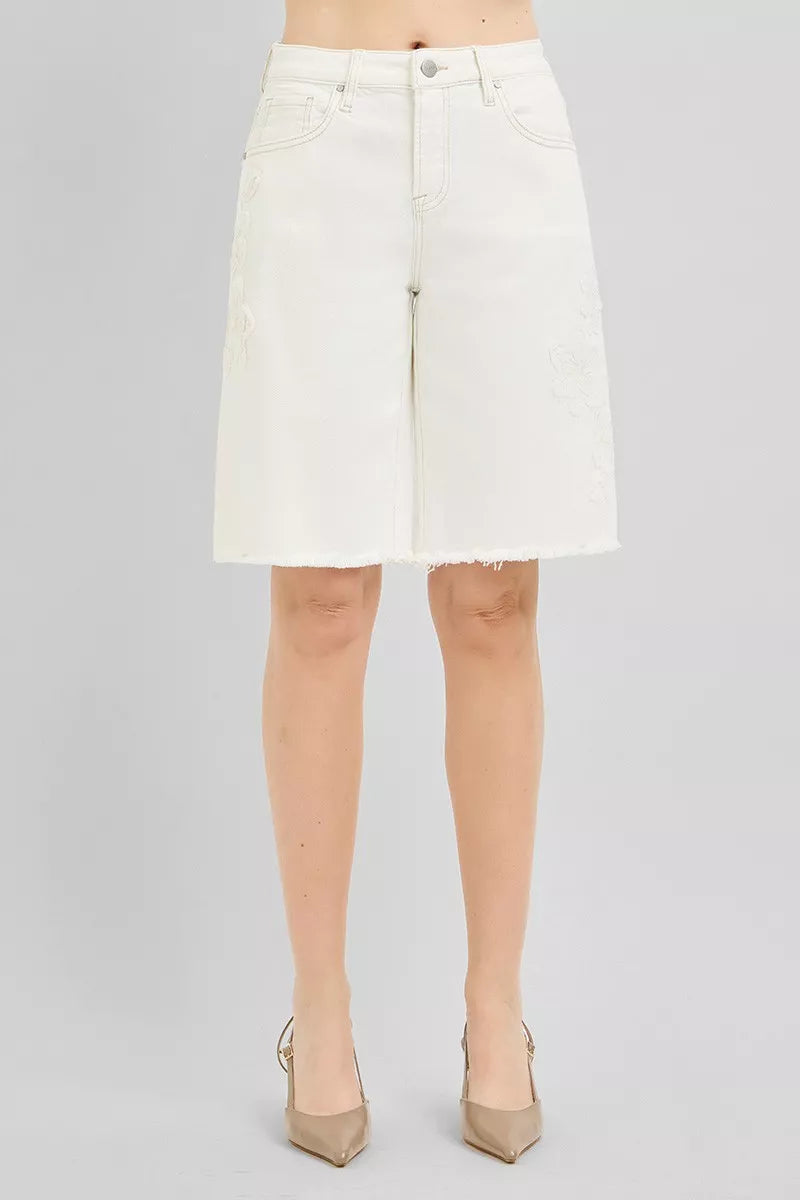 risen slouchy relaxed Risen Slouchy Relaxed Floral Embroidered Bermuda Denim Shorts view 6 (bottom) - shop at us.meeeshop