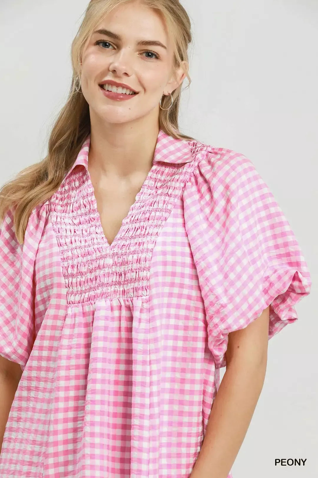 umgee smocked yoke Umgee Smocked Yoke Puff Sleeve Gingham Blouse view 5 (top) - shop at us.meeeshop