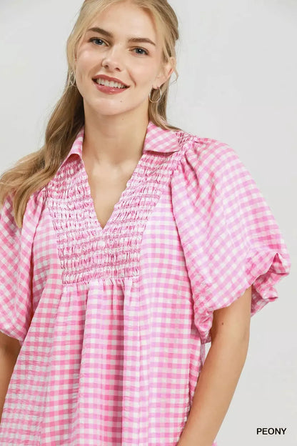 umgee smocked yoke Umgee Smocked Yoke Puff Sleeve Gingham Blouse view 5 (top) - shop at us.meeeshop
