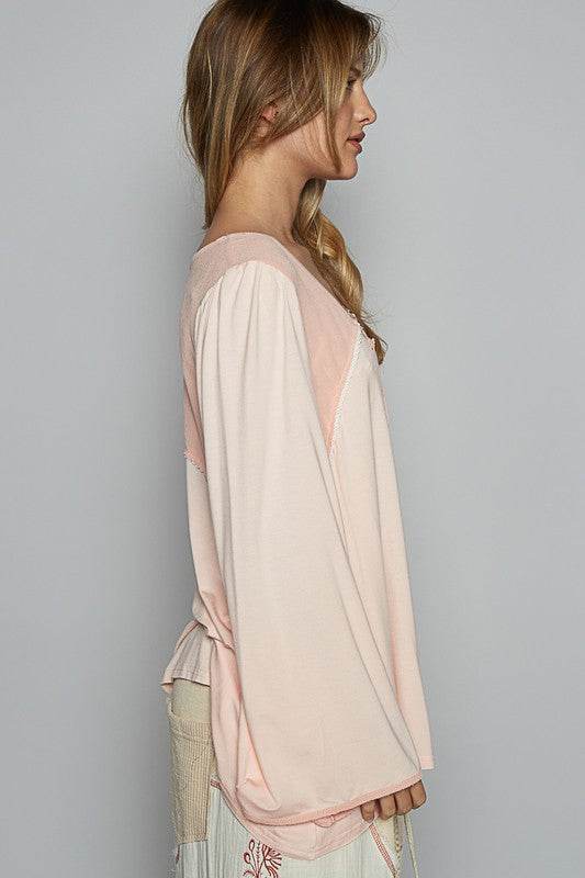 POL Contrast Button Front Long Sleeve Knit Top in Apricot - us.meeeshop