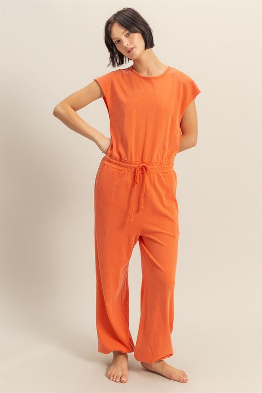 HYFVE Back Keyhole Round Neck Cap Sleeve Drawstring Jumpsuit in Orange - us.meeeshop