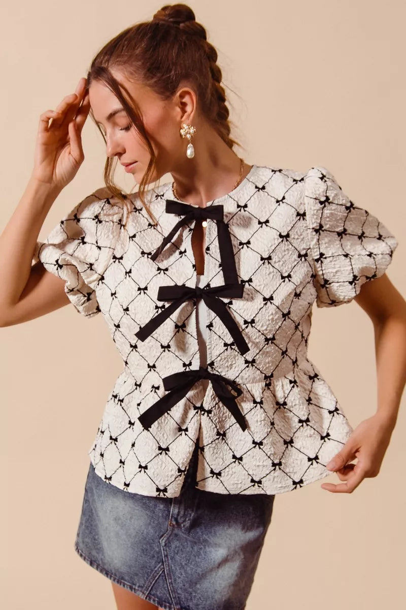 bow texture woven So Me Bow Texture Woven Peplum Top with Contrast Tie view 7 (top) - shop at us.meeeshop