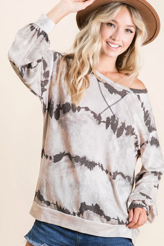 BiBi Tie-Dye French Terry Round Neck Long Sleeve T-Shirt - us.meeeshop