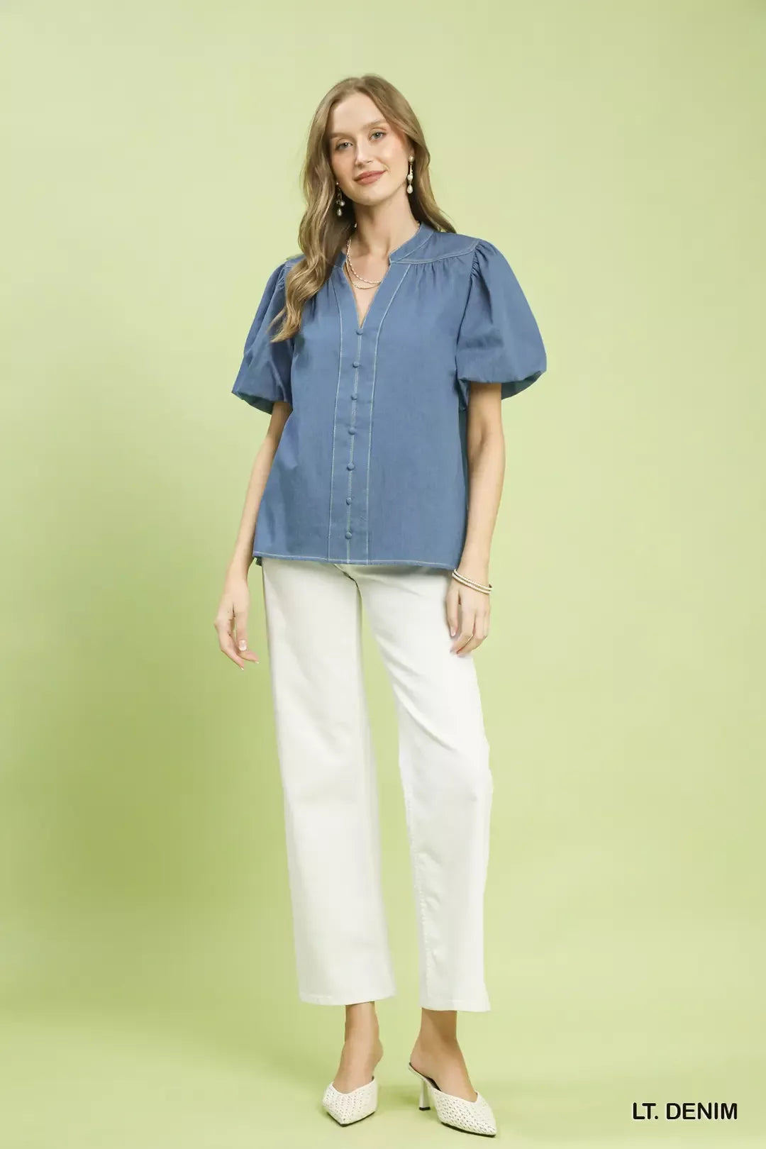 umgee denim button Umgee Denim Button Front Puff Sleeve Boho Blouse view 5 (top) - shop at us.meeeshop