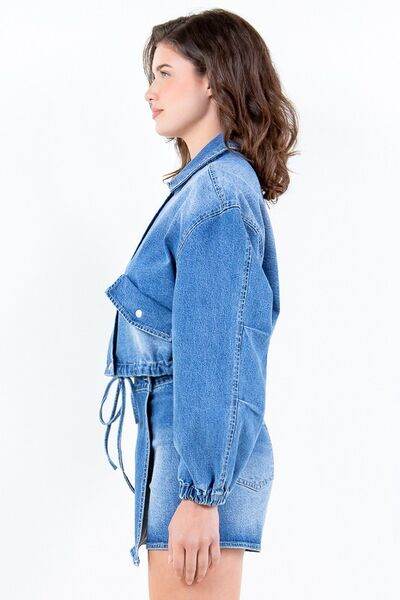 American Bazi Drop Shoulder Cropped Denim Jacket with Waist Strap Plus Size - us.meeeshop