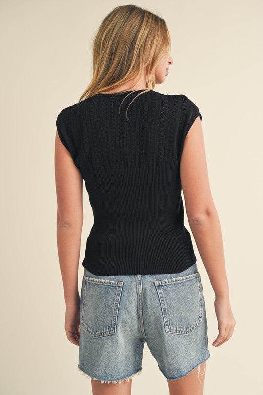 Aemi + Co Openwork Round Neck Cap Sleeve Knit Top - us.meeeshop