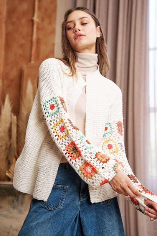 Davi & Dani Crochet Floral Printed Long Sleeve Knit Cardigan | us.meeeshop