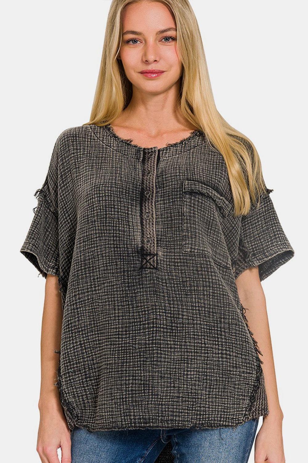 Zenana Washed Texture Half Button T-Shirt | us.meeeshop