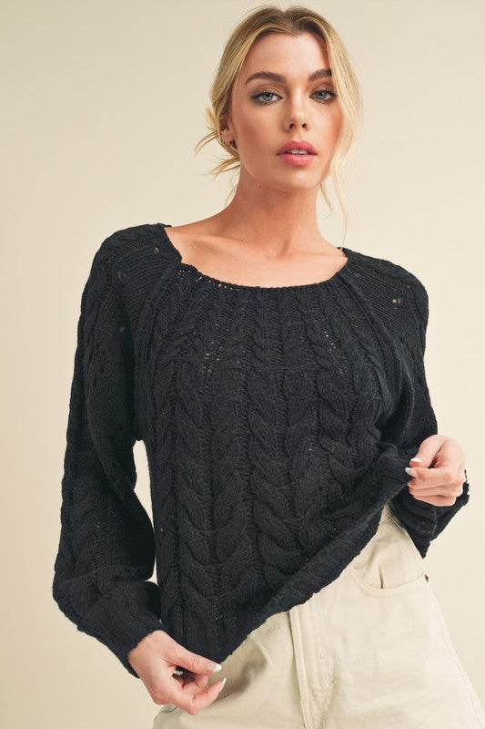 Aemi + Co Cable-Knit Openwork Round Neck Sweater - us.meeeshop