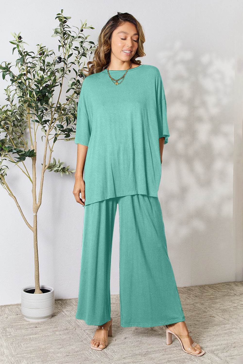 Double Take Full Size Round Neck Slit Top and Pants Set - us.meeeshop