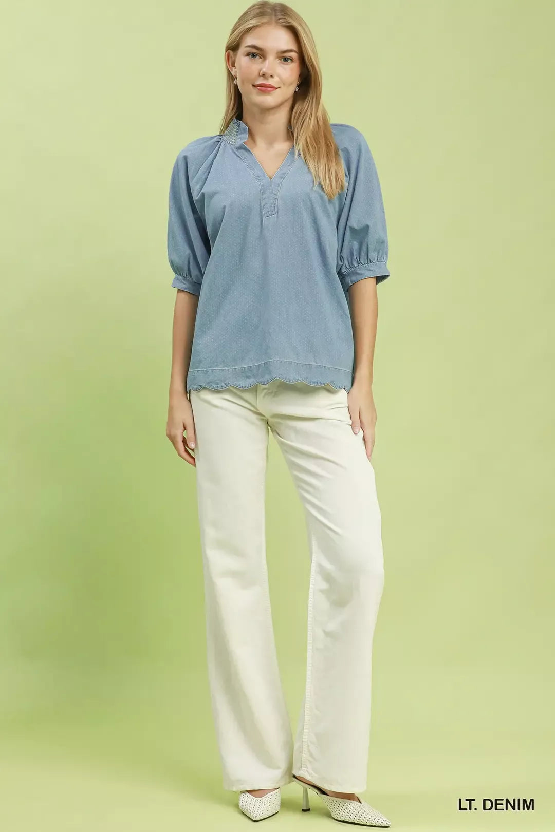umgee textured puff Umgee Textured Puff Sleeve Scallop Hem Blouse view 5 (top) - shop at us.meeeshop