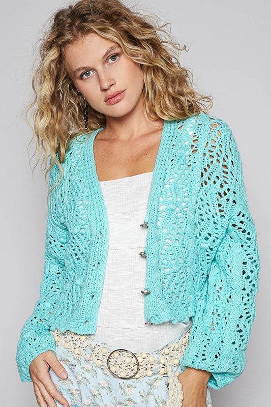 POL Cable-Knit Openwork V-Neck Button Up Cardigan - us.meeeshop