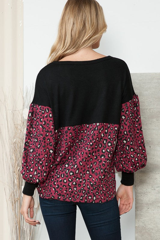 Leopard Print Contrasted Balloon Sleeve Sweater | us.meeeshop