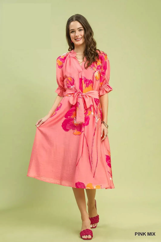 Umgee Floral Flounce Sleeve Midi Dress with Belted (women's dresses) view 2 - shop at us.meeeshop