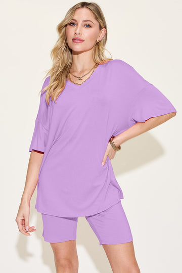 Bamboo Full Size V-neck Drop Shoulder T-shirt and Shorts Set - MeeeShop Women's Fashion